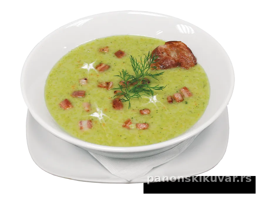 kremasta brokoli čorba sa komadićima pržene slanine i mirođije u beloj činiji