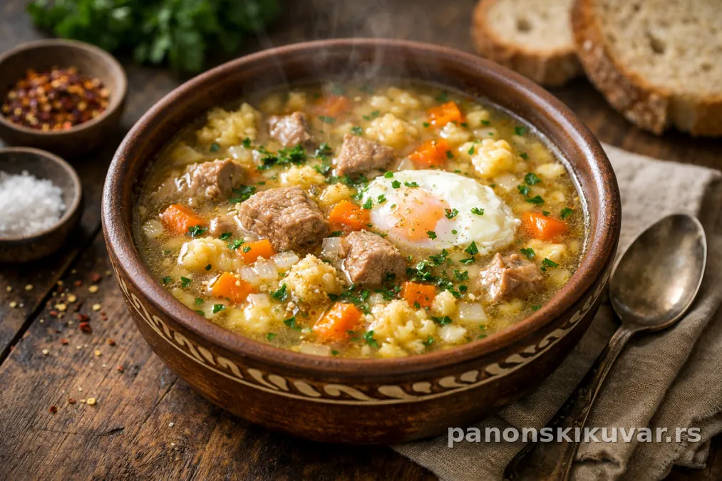 zlatno-žuta čorba sa komadićima mesa i seckanim peršunom