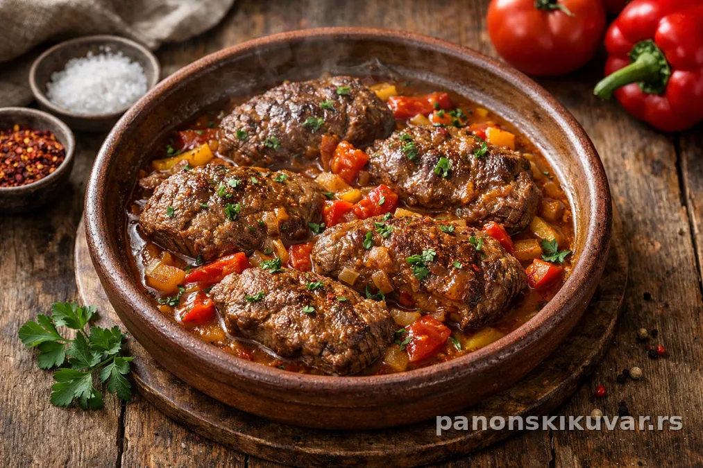 tanjir sa goveđim odrescima u sosu od paprika i paradajza, posuto peršunom