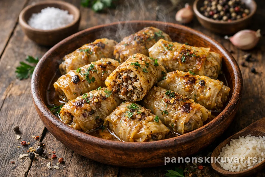 pečene jagnjeće sarmice isečene na šnite, poslužene uz kiselu pavlaku na tanjiru