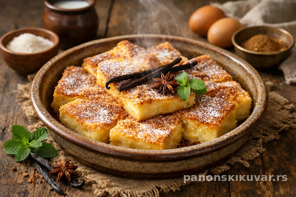 zlatno pečena pita sa mlečnim vanilin nadjevom, presečena na parče