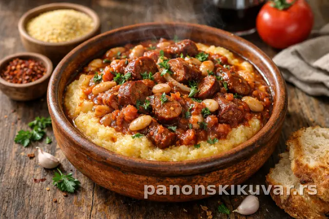 KAČAMAK U SOSU OD KOBASICA I PASULJA
