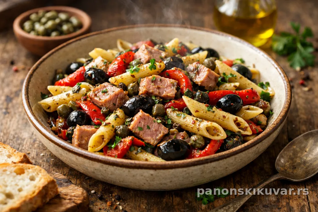 Šarena salata od testenine sa tunjevinom, pečenom paprikom i maslinama