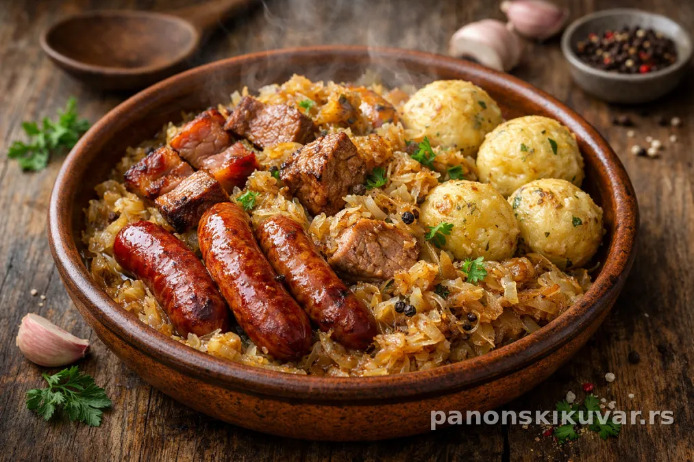 tanjir kiselog kupusa sa dimljenom slaninom, svinjetinom, kobasicom i knedlama