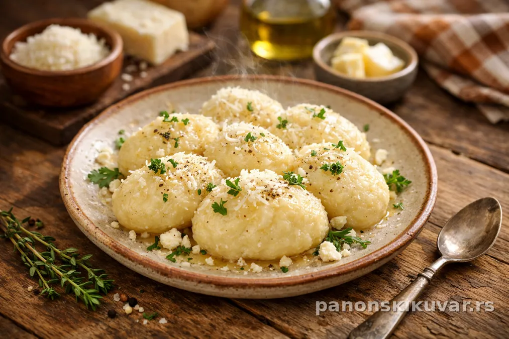 zlatno zapečene knedle od griza sa parmezanom posute narendanim sirom u plehu