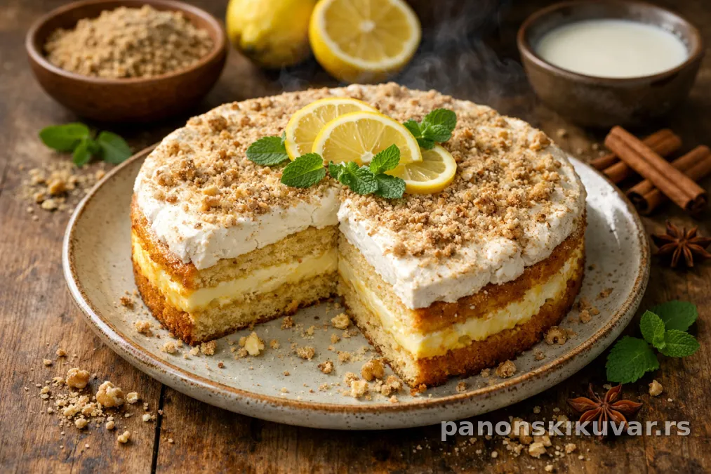 troslojna limun torta sa orasima i puterastim filom, presečena na tanjiru