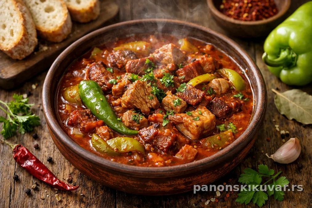 Lovački paprikaš u vatrostalnoj činiji sa komadima mesa i paprikom