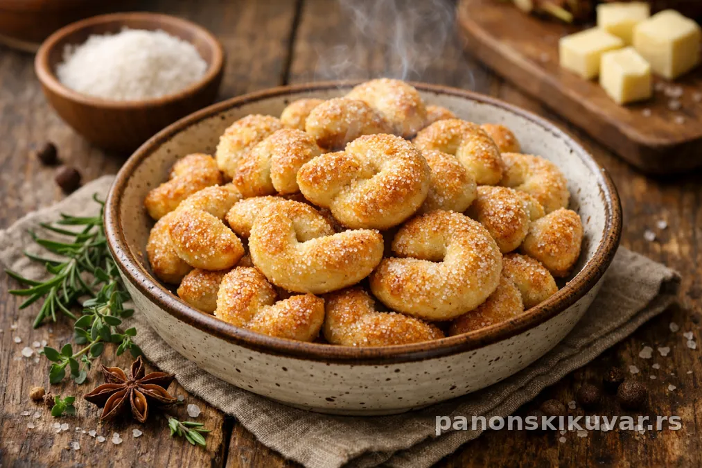 zlatno pečeni mali pereci u šećeru od vanile na tanjiru