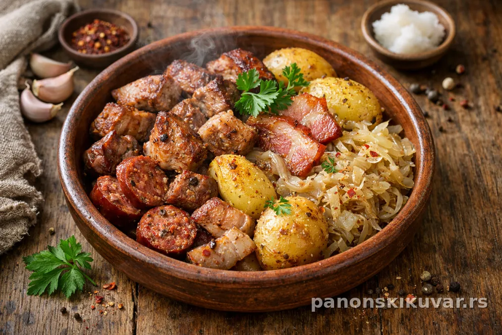 Tanjir sa moravskim pečenim mesom, kiselim kupusom, slaninom i kobasicom