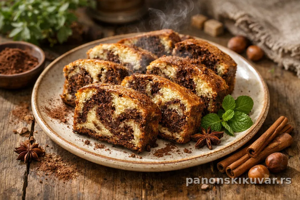 parče mramorne torte sa kakaom, zlatnom koricom i karakterističnom šarom