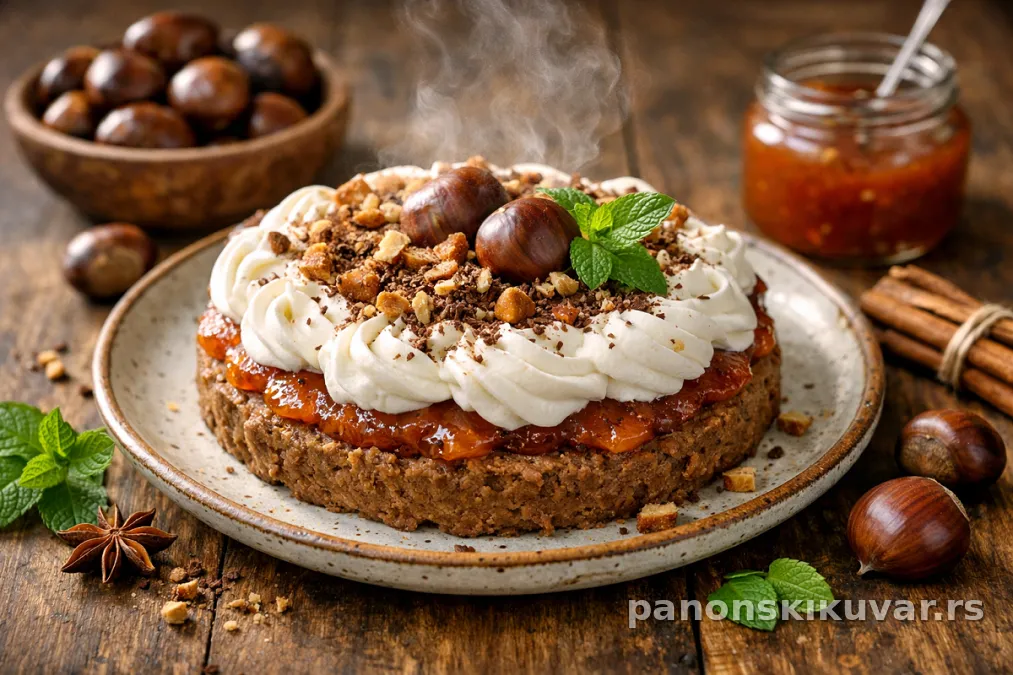 kremasta nepečena torta od kestena sa šlagom i slojem marmelade