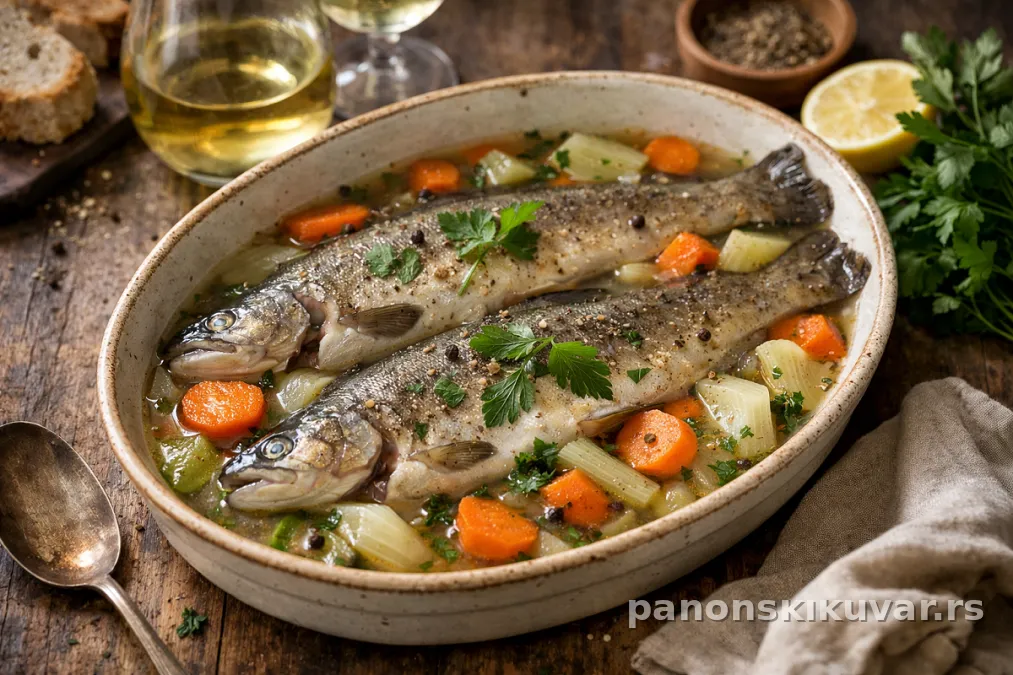 zlatno pečena pastrmka u aromatičnom belom vinu sa povrćem i limunom