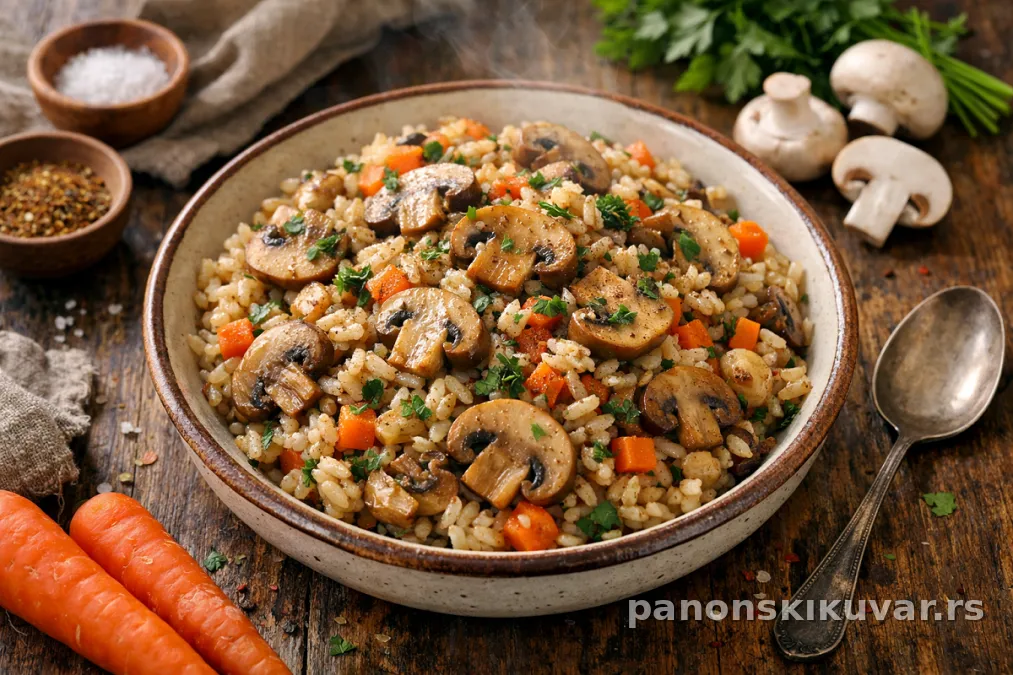 pečurke i pirinač na tanjiru, pečeni šeširići sa komadićima margarina i seckanim peršunom