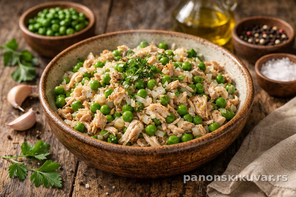 Činija mesne salate sa trakicama piletine, zelenim graškom i dresingom