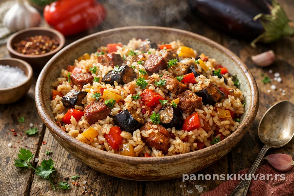 tanjir pirinča sa povrćem, komadi patlidžana, paprika i naribani sir