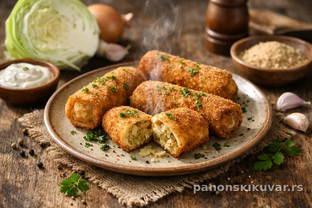 pohovane piroške od kupusa na tanjiru, presečene, zlatno-bron boje, pune mekanog kupusa