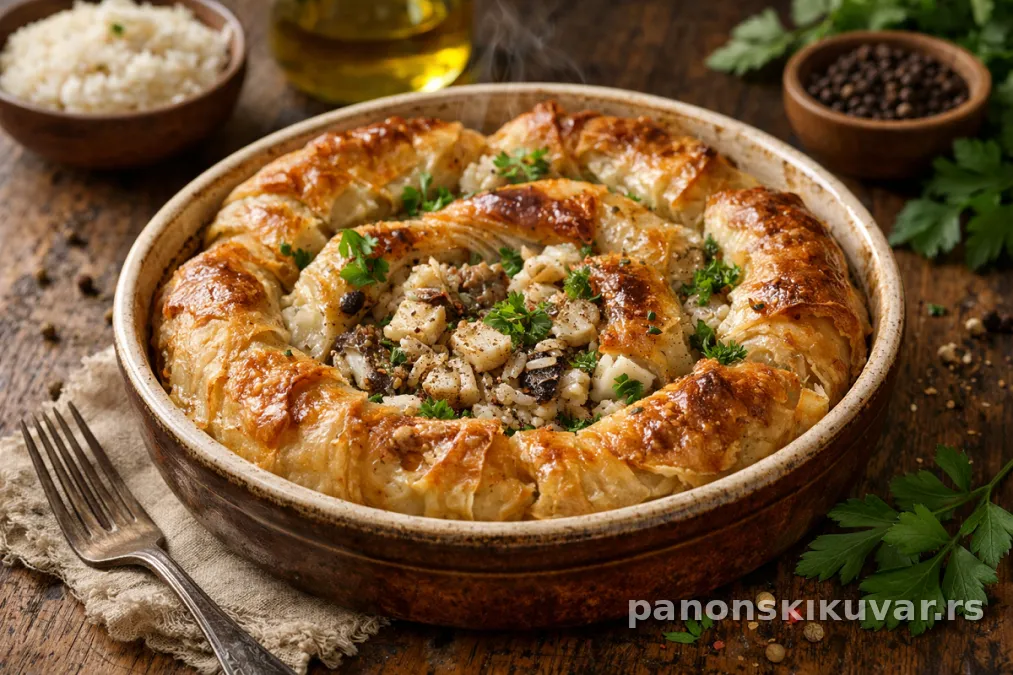 zlatnopečena pita od ribe sa slojem pirinča i svežim peršunom