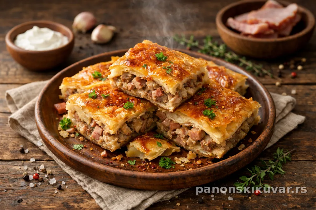 zlatno pečena pita sa svinjskim mesom i sivkastom pihtijom, presečena