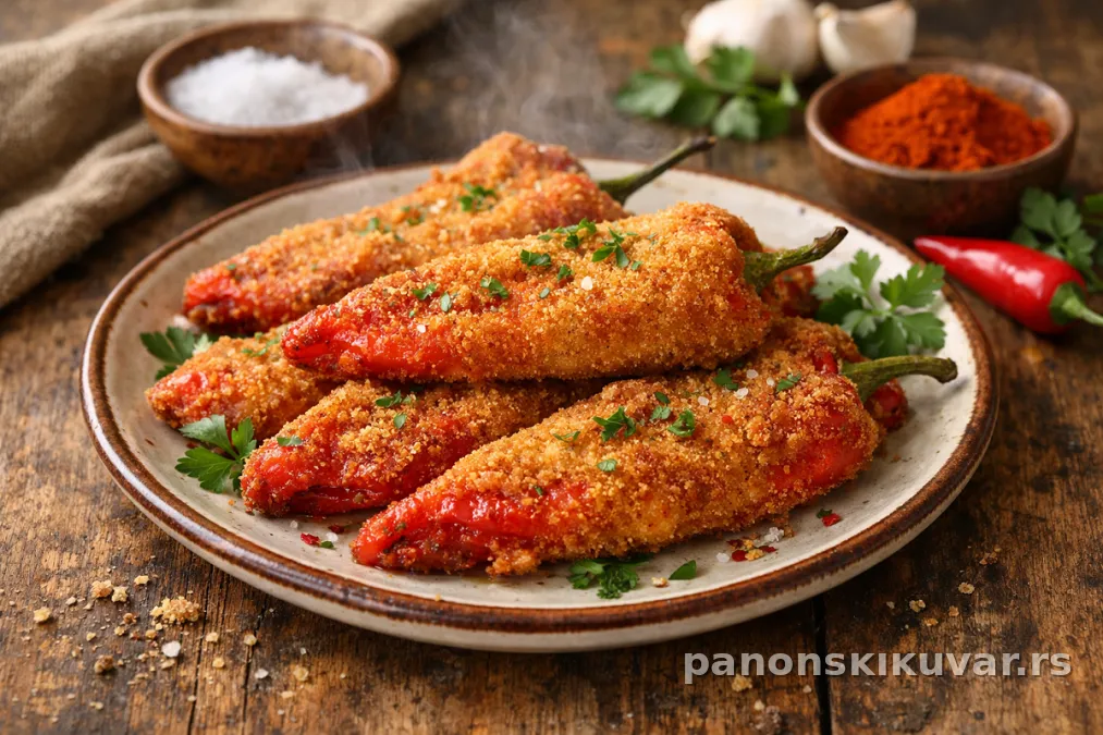 pohovana pečena crvena paprika sa zlatno-žutom koricom na tanjiru