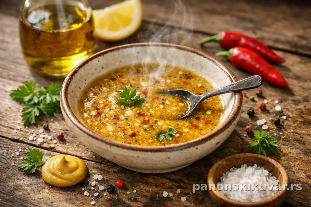zelena salata prelivena senfnim prelivom sa limunom i ljutom papričicom