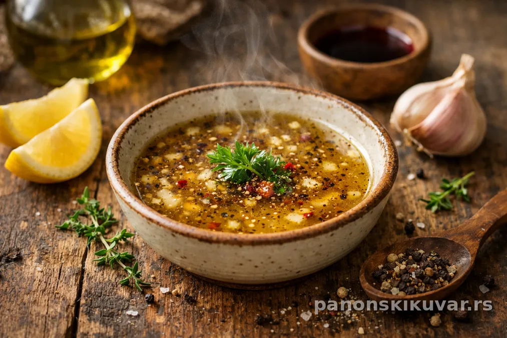 zelena salata prelivena limunovo-mednim dresingom sa vidljivim kapljicama i mrvicama bibera