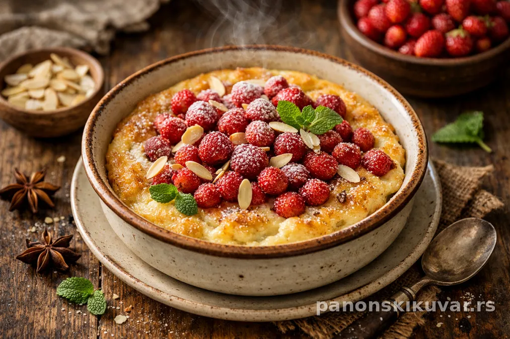puding sa zlatnom koricom preliven rumom i činija ledenih jagoda