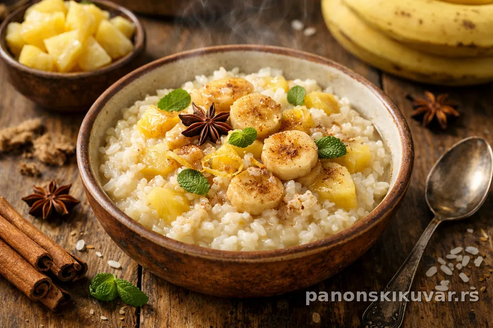 puding od ananasa u kalupu, prekriven kolutovima ananasa i bananama
