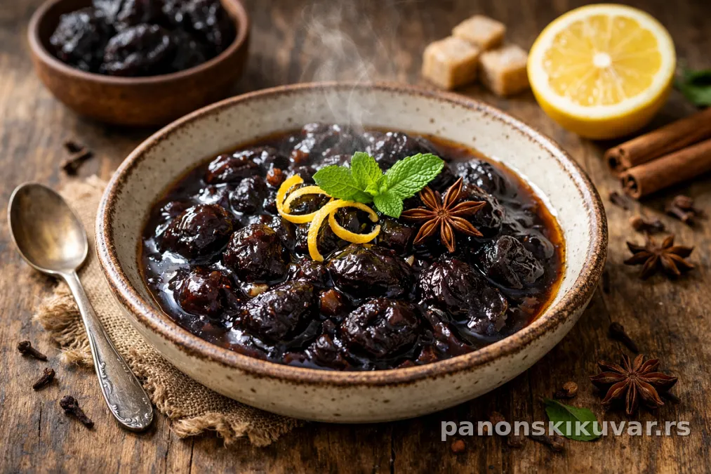 glatki tamni puding od šljiva u kalupu posut limunovom korom