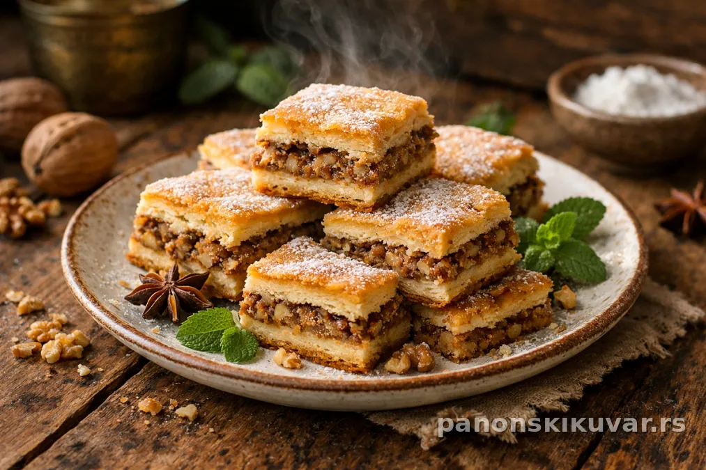 sečeni komadi ruske pite sa zlatnom korom i orasima odozgo