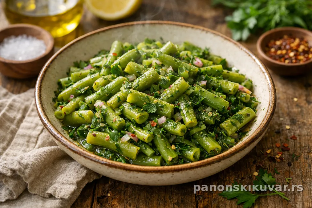 salata od mlade boranije sa peršunom i maslinovim uljem u činiji