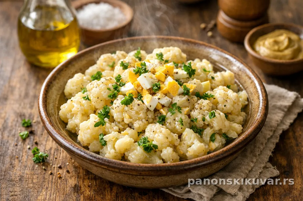 salata od karfiola sa kremastim žumancetom i iseckanim belancima, poslužena uz hleb
