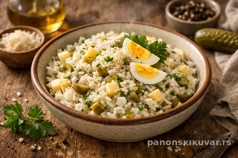 salata od pirinča sa komadićima jajeta, kačkavalja i rendanim renom