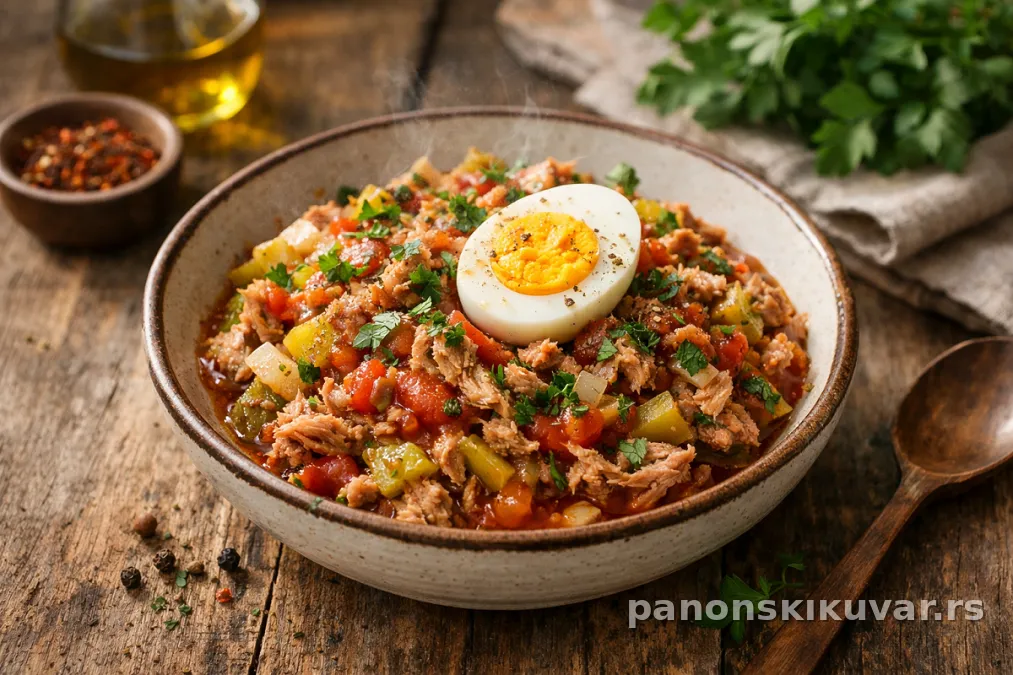 tanjir salate od ribe sa kiselom paprikom i kuvanim jajetom ukrašen peršunom