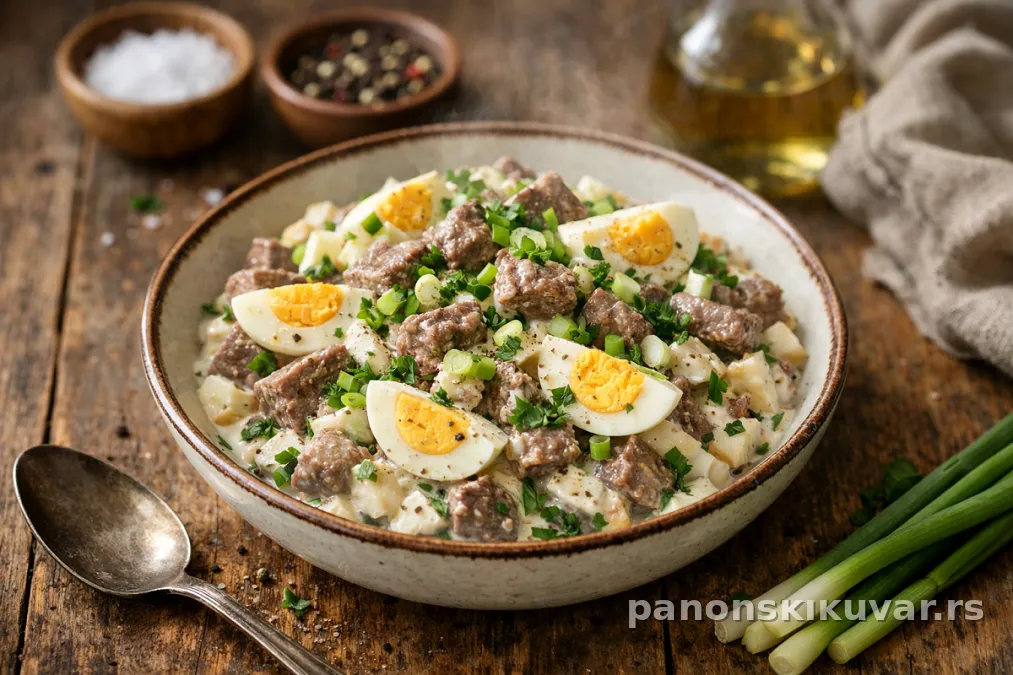 tanjir salate sa sitno seckanom govedinom, jajima, pavlakom i mladim lukom