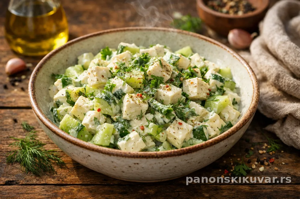 zelena salata sa krastavcima i listićima tofu sira u pavlaci