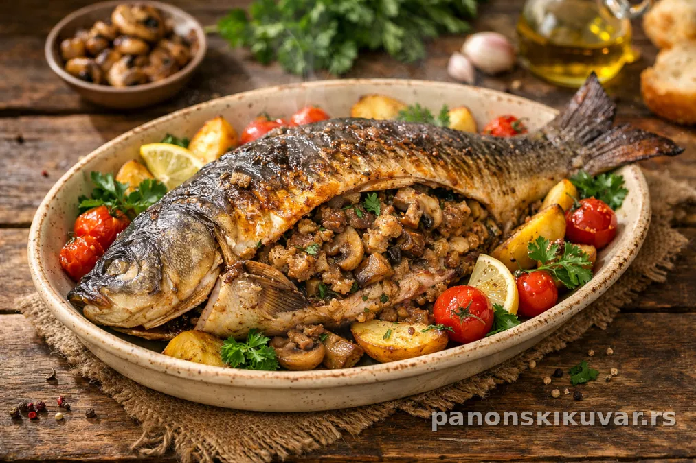 pečeni šaran punjen pečurkama, zlatna korica, preliven pavlakom, servirano na tanjiru