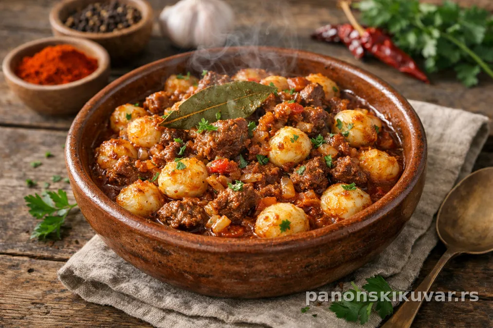 zapečen španski friko sa slojevima krompira, mesa i zlatnom koricom