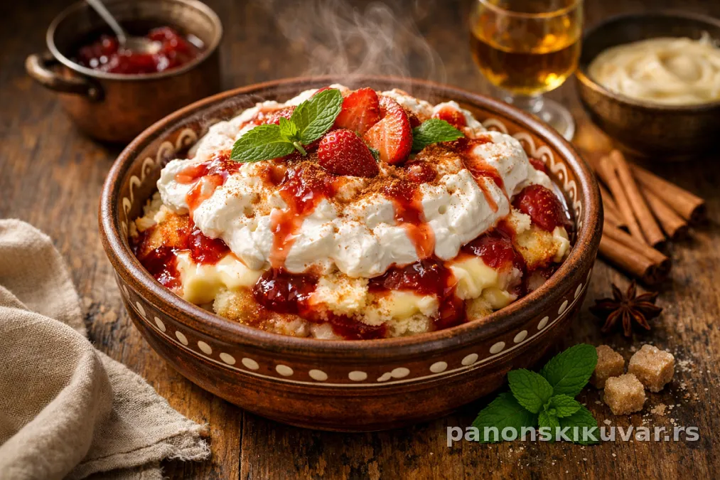 Presek starinske poslastice sa slojevima patišpanja, vanil kreme i posutim bademima