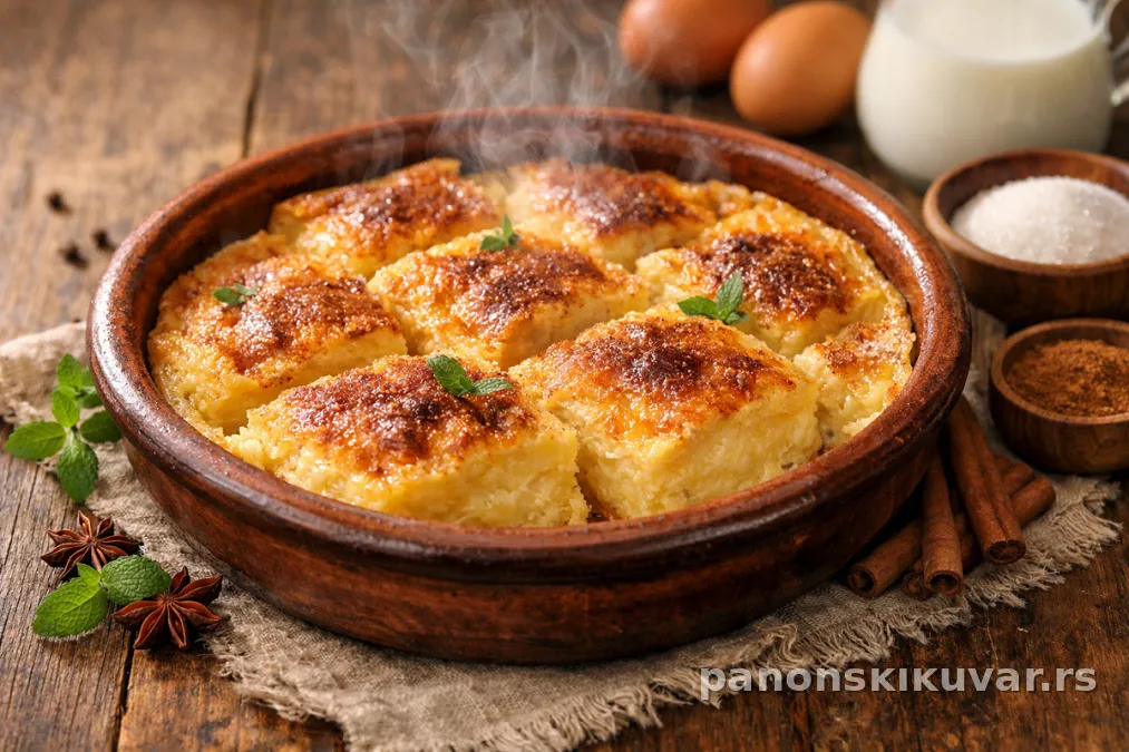 Pita zlatno pečena prelivena karamelizovanim sirupom, isečena na kocke, sjajna