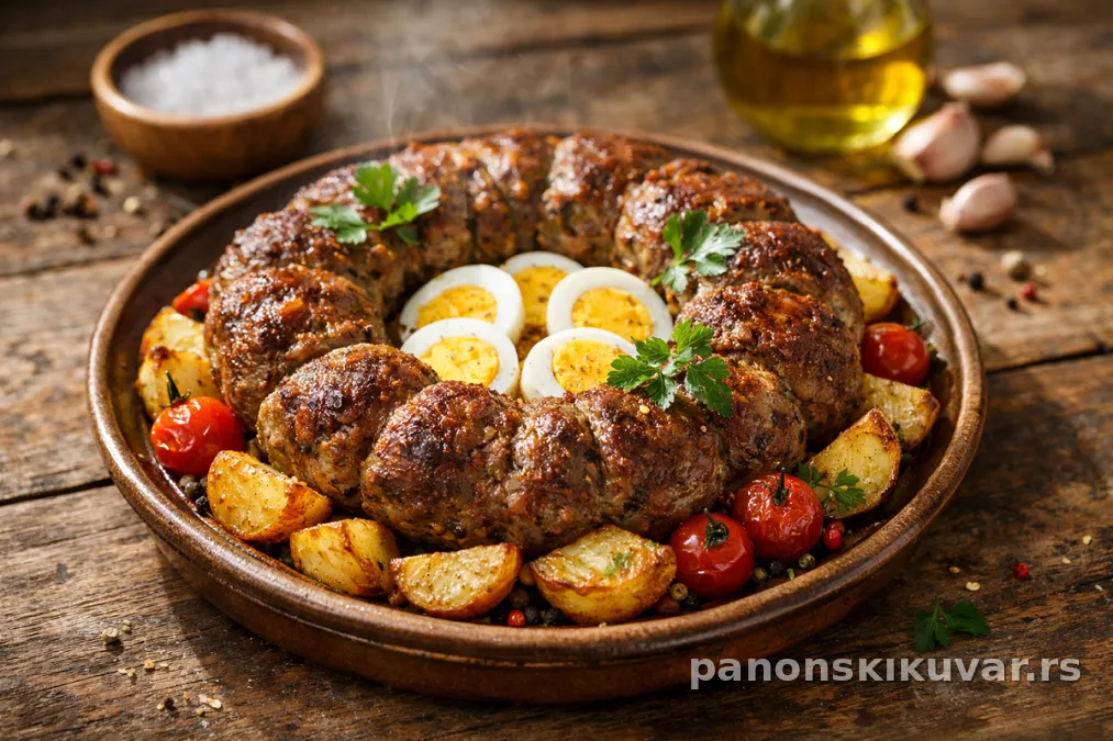 zlatno pečen mesni venac sa spanaćem pečurkama slaninom i mileramom