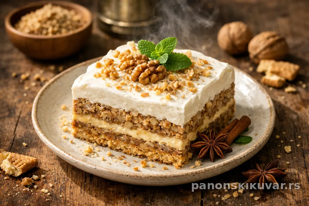 komad brze nepečene torte sa orasima i šlagom na tanjiru