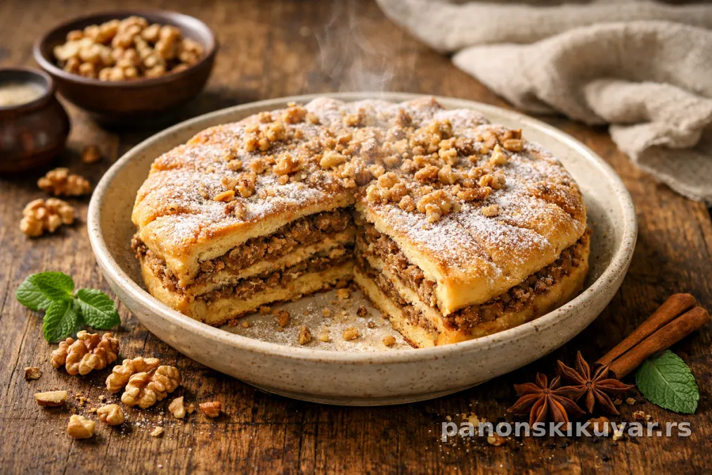 torta sa orahovim filom, tankim slojevima i voćnom dekoracijom na preseku
