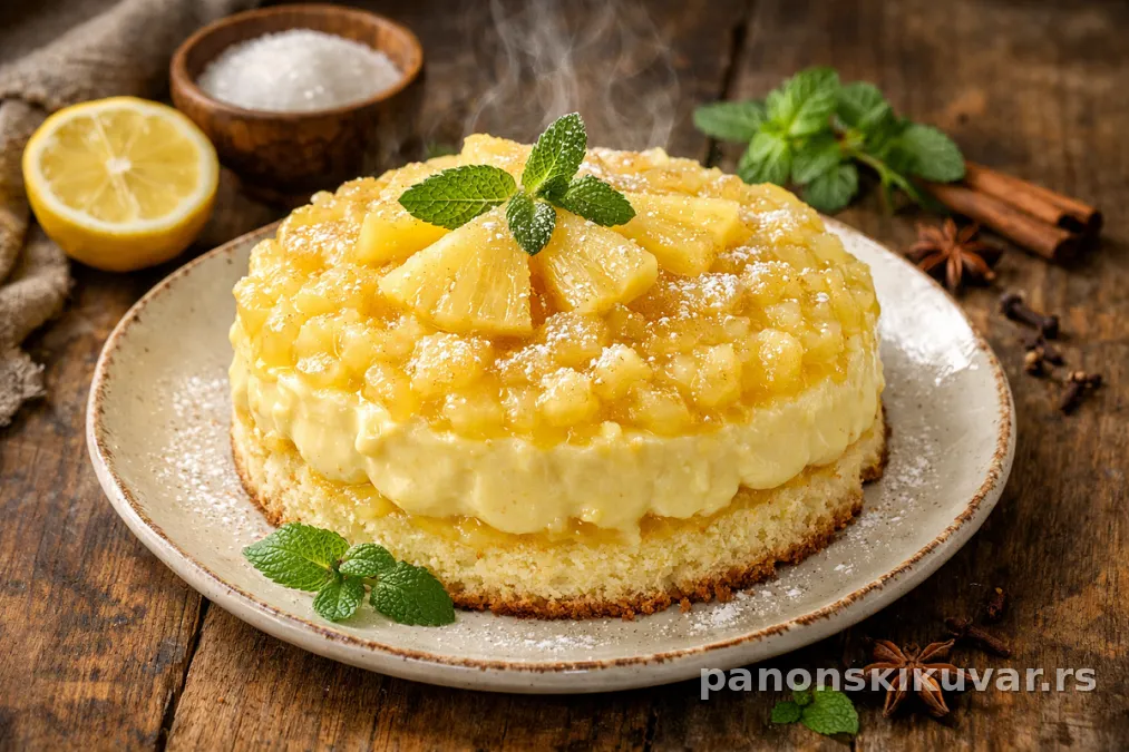kremasta torta od ananasa sa šlagom i kockicama ananasa, rashlađena