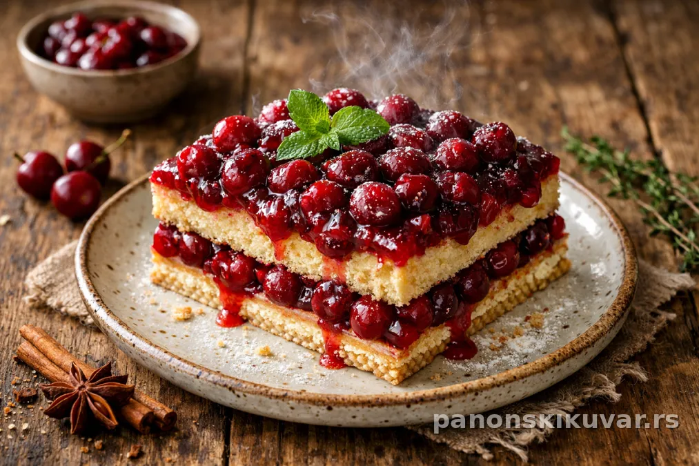 parče torte od višanja sa oblandom, posuto šećerom i višnjama u preseku