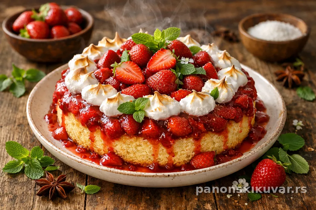 presek torte sa slojevima jagodnog želea i vazdušast biskvitom, ukrašena jagodama