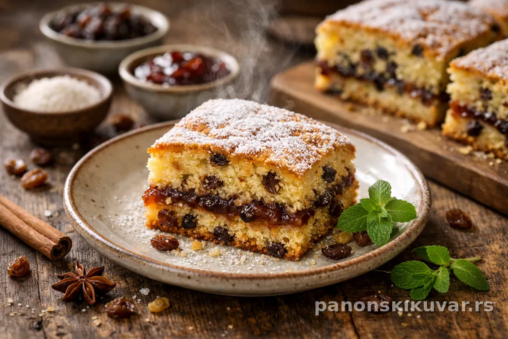 Presek starinske torte sa suvim grožđem i slojem sjajnog džema
