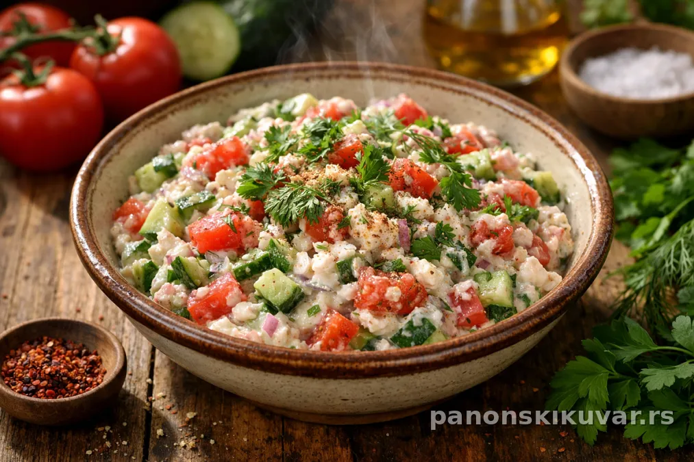 turska salata sa krastavcem, paradajzom, lukom i jogurtom posuta mirođijom